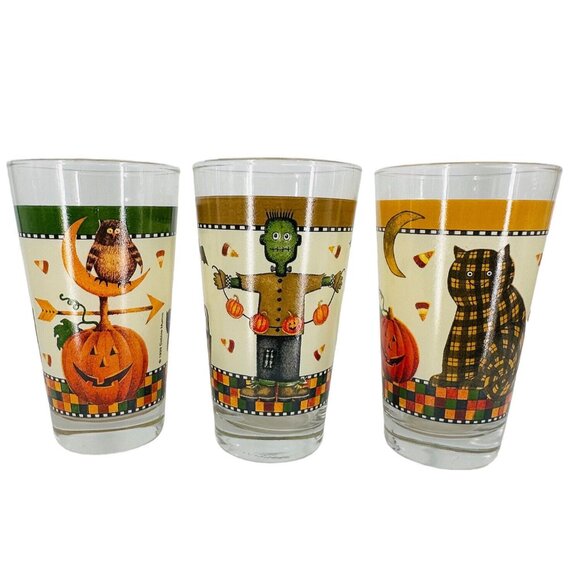 Debbie Mumm 3 Halloween Glasses Rare Pumpkin Owl Blk Cat Frankenstein Bat Moon - Picture 1 of 5